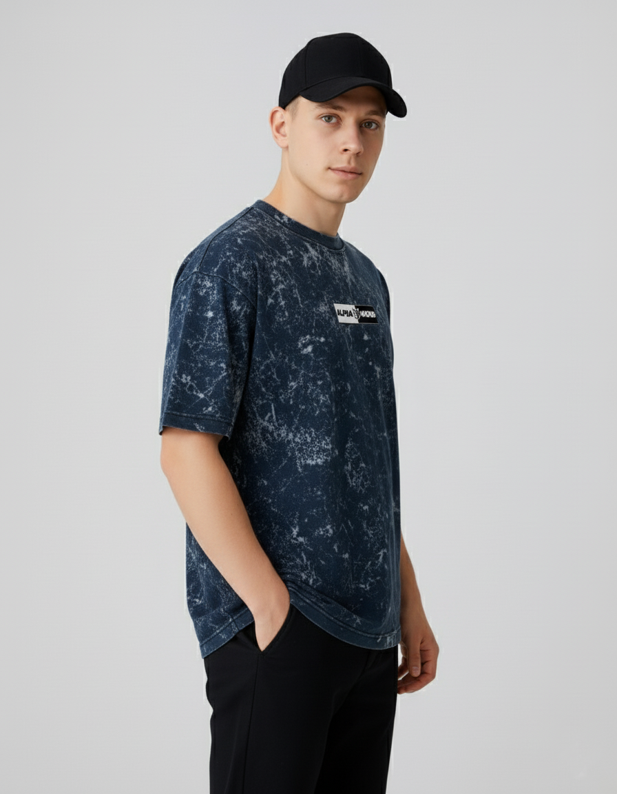 Alphahood Navy Blue Acid Wash Oversized Tee