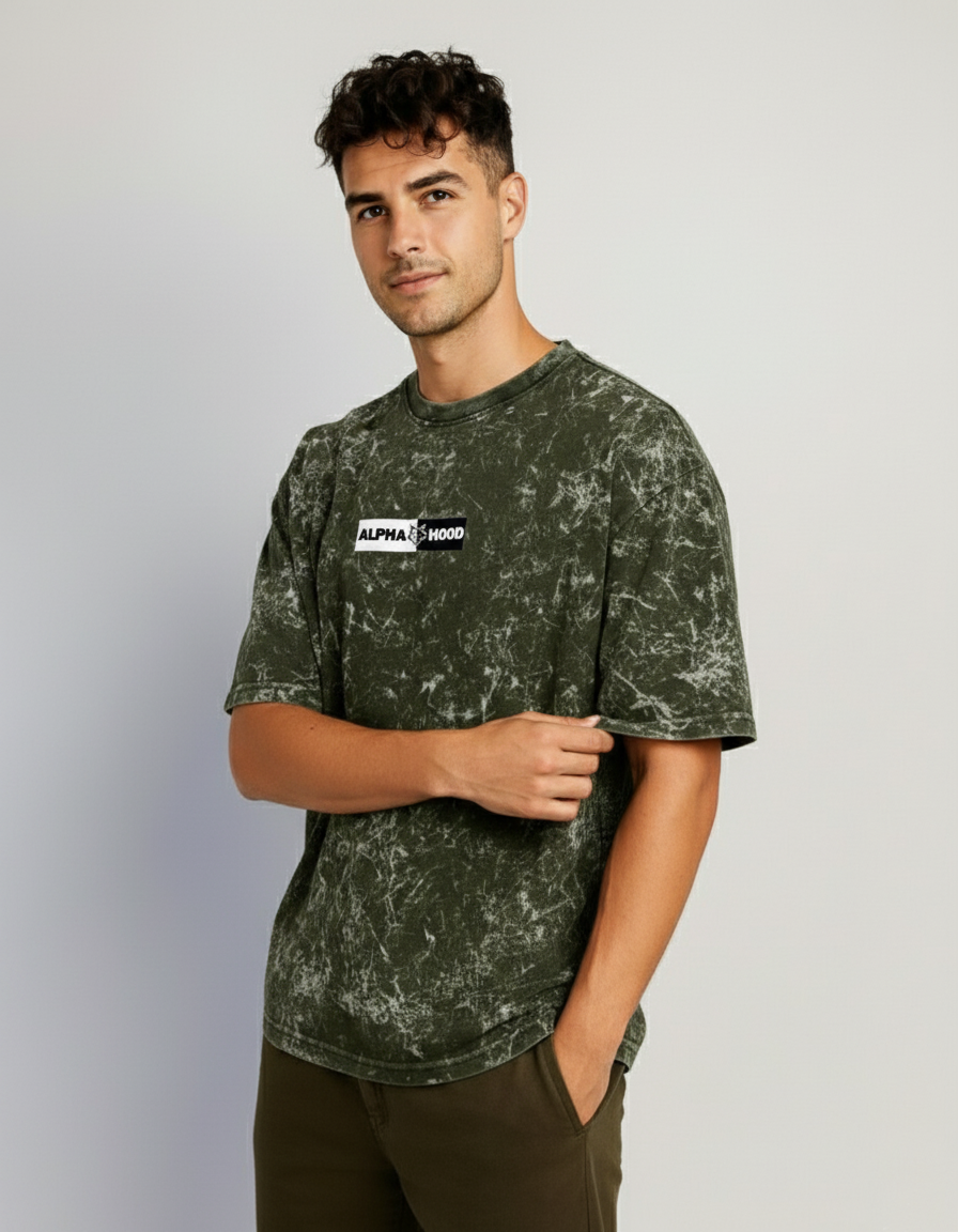 Alphahood Olive Green Acid Wash Oversized Tee
